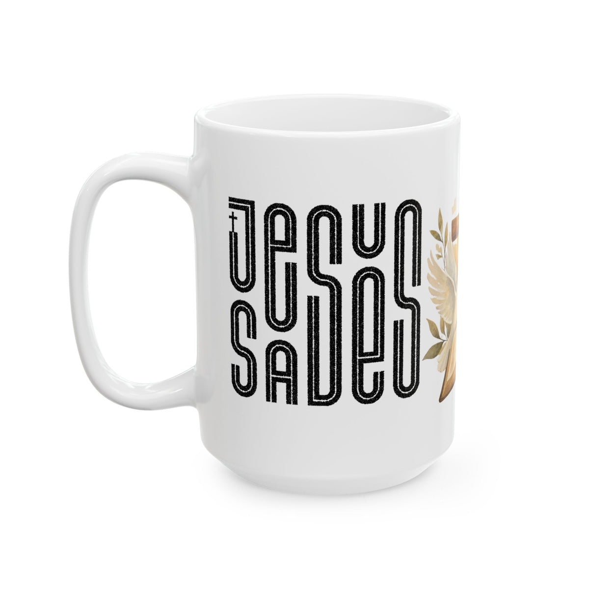 Religious Ceramic Mug - Cross, Bible & Dove Design (11oz/15oz)