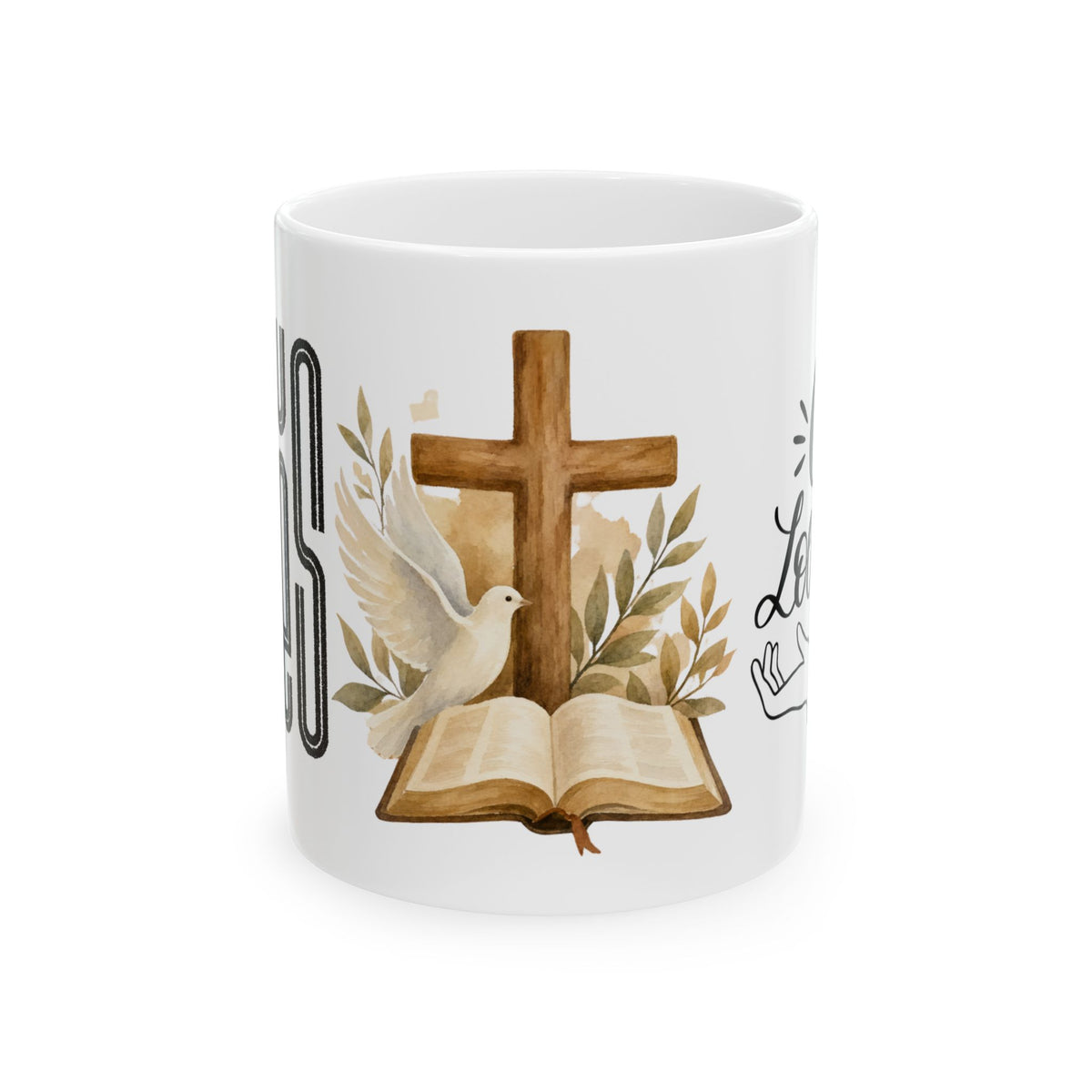 Religious Ceramic Mug - Cross, Bible & Dove Design (11oz/15oz)