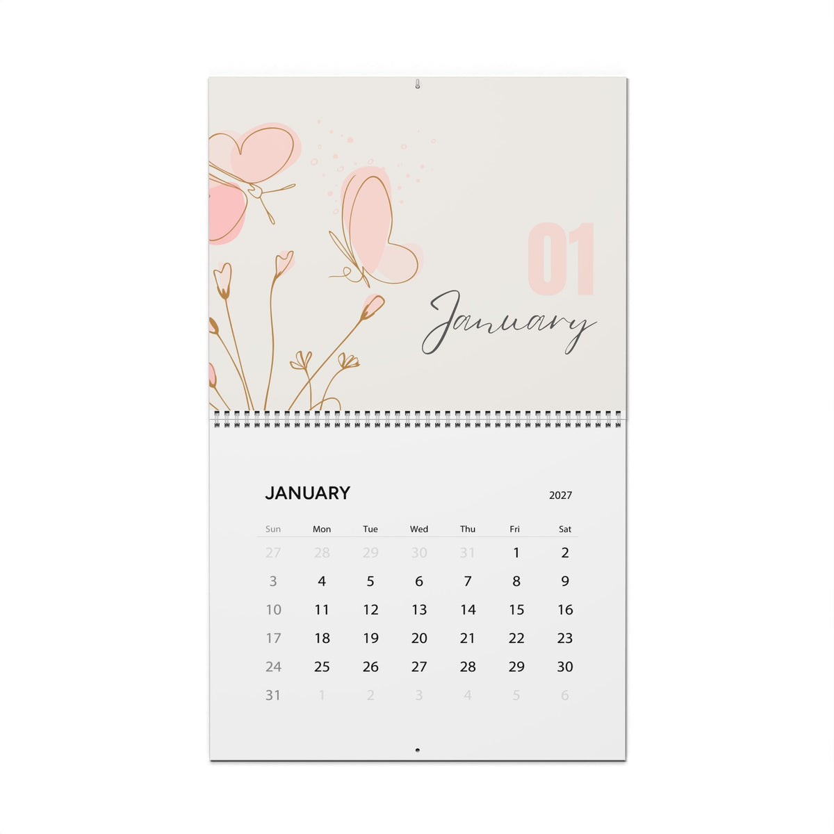 2027 Floral Butterfly Wall Calendar — Pink Minimalist Monthly Planner