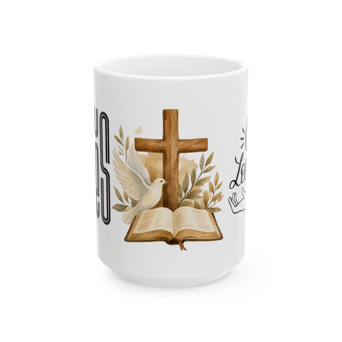 Religious Ceramic Mug - Cross, Bible & Dove Design (11oz/15oz)