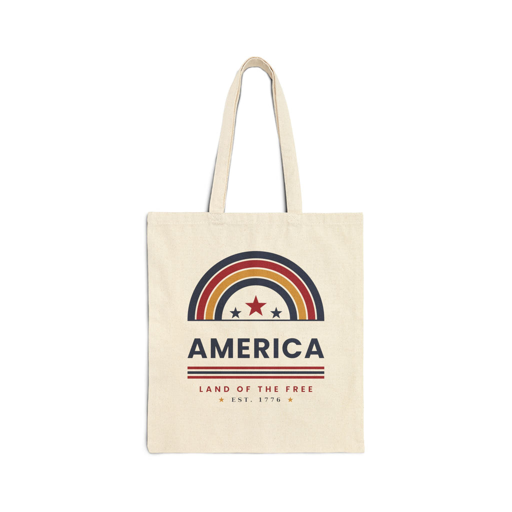 America Retro Rainbow Tote Bag — 'America: Land of the Free' Canvas Tote