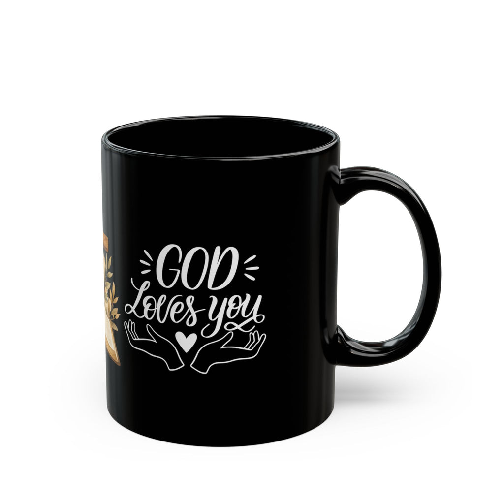 God Loves You Ceramic Mug — Cross, Bible & Dove Faith Coffee Cup (Black, 11oz/15oz)