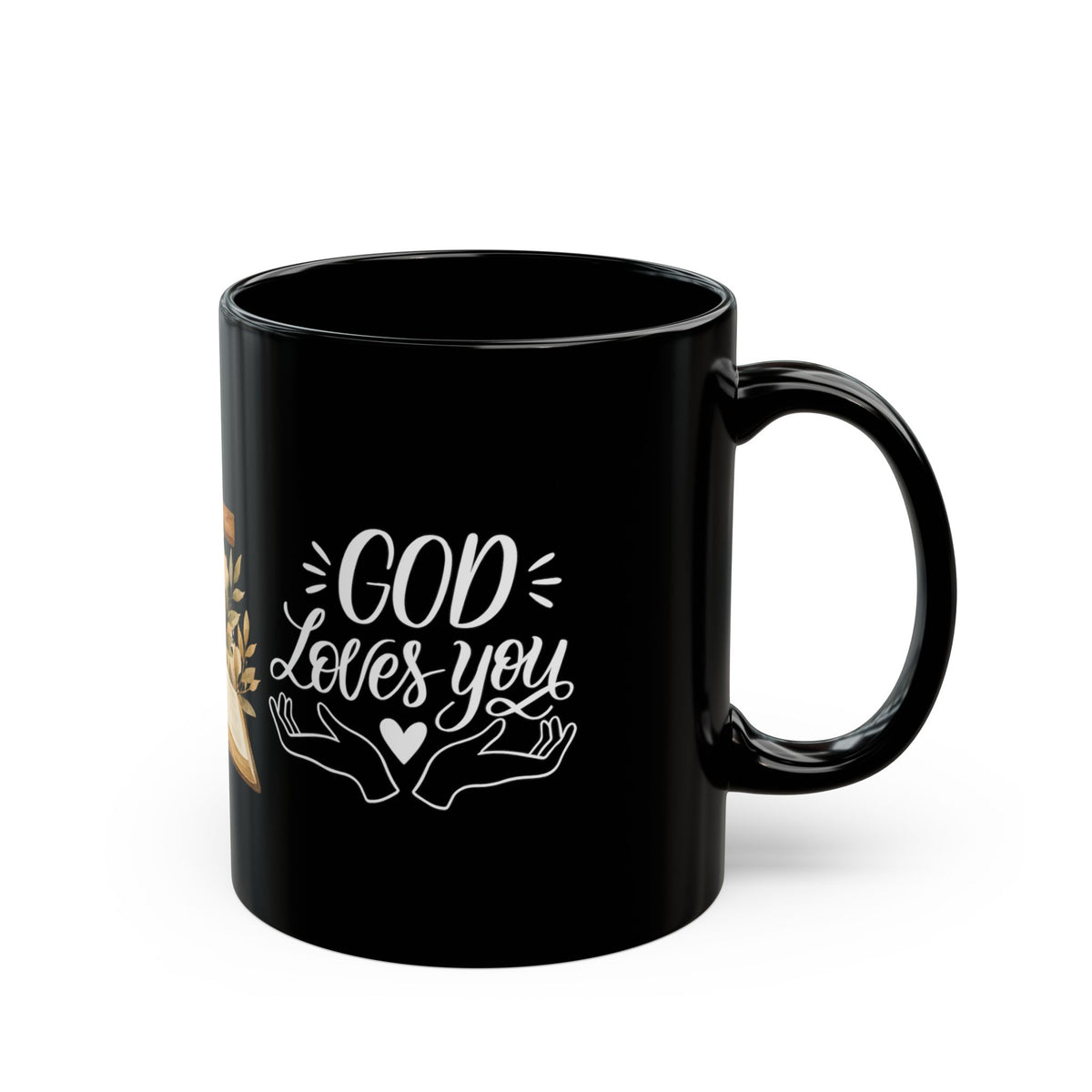 God Loves You Ceramic Mug — Cross, Bible & Dove Faith Coffee Cup (Black, 11oz/15oz)