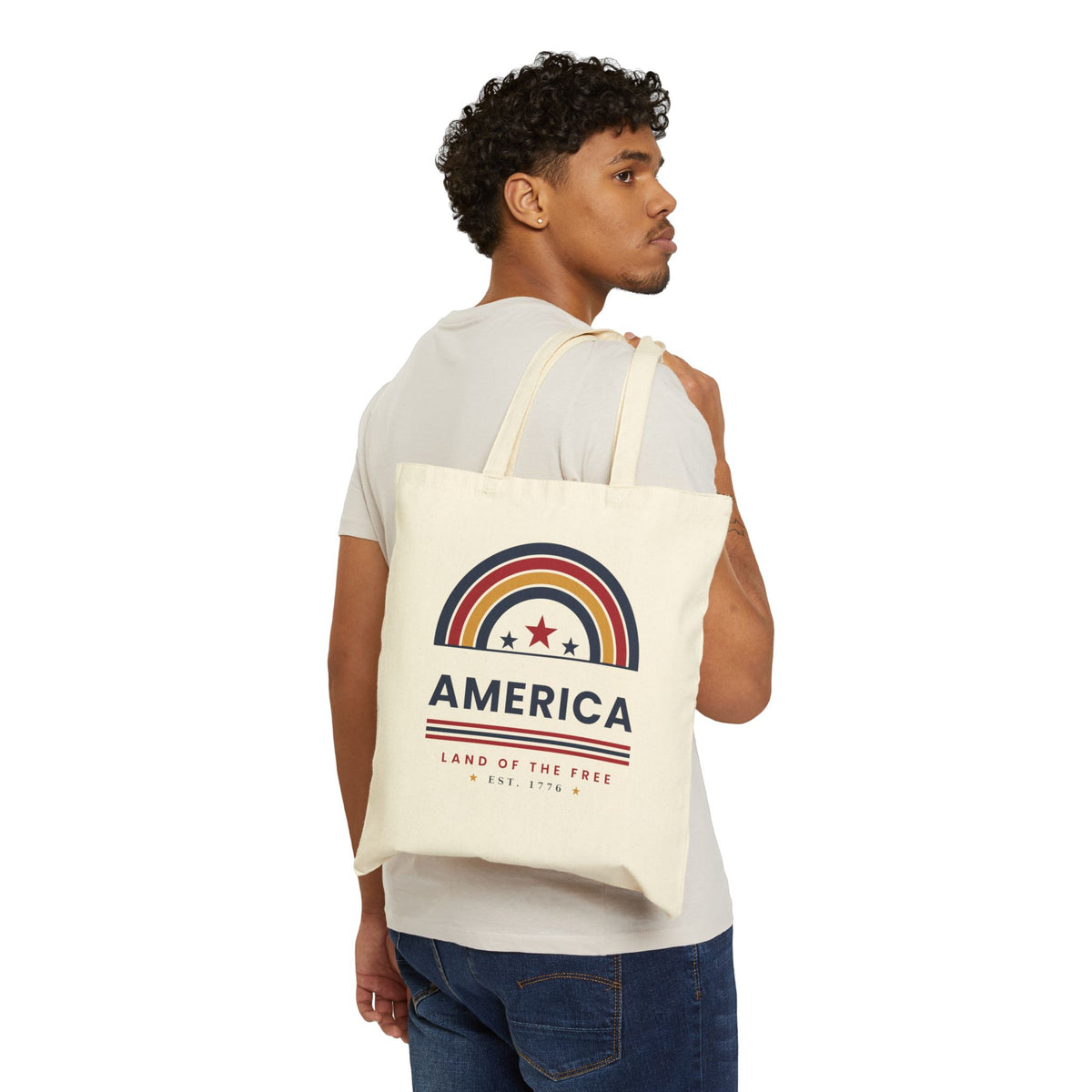 America Retro Rainbow Tote Bag — 'America: Land of the Free' Canvas Tote