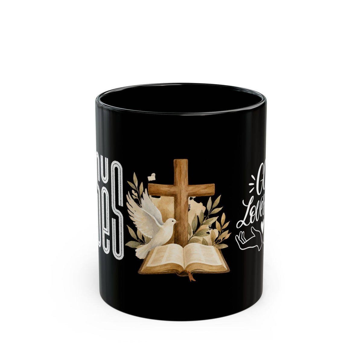God Loves You Ceramic Mug — Cross, Bible & Dove Faith Coffee Cup (Black, 11oz/15oz)